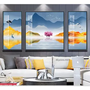 Resin Painting Yellow Tree Gold Mountain Modern Crystal Porcelain Painting Landscape Wall Art Abstract Acrylic Printing Art Sets