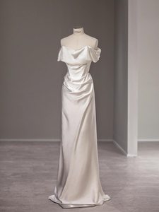 Abito da sera Alice di alta gamma in raso bianco antistatico, taglie forti, lungo fino al pavimento, con spalle scoperte, per feste e banchetti - Product Image 5