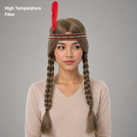 Perruque synthétique longue tressée marron style autochtone avec doubles tresses pour fête d'Halloween et déguisement