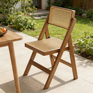 Silla Plegable Moderna de Madera Maciza y Ratán, Silla de Comedor Portátil de Mimbre Natural para Patio, Jardín, Balcón y Uso en Exteriores - Product Image 1