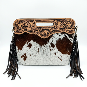 Bolso de Mano de Cuero Vacuno Repujado Misha International, Bolso Bandolera con Flecos, Patrón Floral, Bolso de Hombro Ligero, Personalizado - Product Image 1