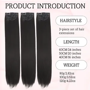 Extension de cheveux synthétiques invisible et sans couture pour femmes, 16-24 pouces, pour augmenter le volume des cheveux, trois mèches droites. - Product Image 2