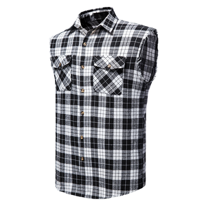 Chemise d'été décontractée personnalisable pour homme, en mélange de coton respirant, à carreaux, sans manches, avec double poche, boutonnée, style cowboy, grandes tailles, vente en gros - Product Image 1