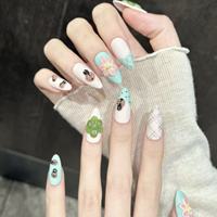 Kuku Palsu Gel 3D Motif Kumbang dan Bunga, 10pcs Buatan Tangan, Bentuk Almond Pendek, Dapat Digunakan Kembali, Warna Hijau Mint, Motif Kotak-kotak, Lucu, B2B