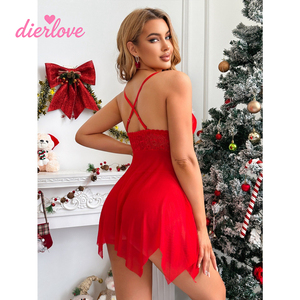 Set Baju Tidur Seksi Natal Wanita Merah Putih dengan Hiasan Bulu Gaun Cami Pakaian Tidur Liburan Kostum Lingerie Grosir - Product Image 2