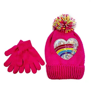 Kids OEM Customized PU Patch Jacquard Hat Outdoor Cuffed Colorful Pom Pom Knit Hat Glove Set