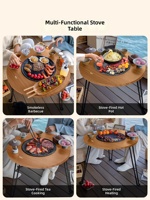 Table de thé ronde multifonctionnelle pour extérieur, double usage, avec chauffage au charbon et électrique, pour les fêtes de thé, les barbecues et les réunions en plein air.