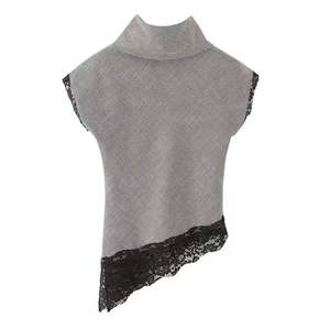 New Women's <b>Top</b> Elegant Simple French Style Niche Fashion Stand Collar Houndstooth Lace <b>Patchwork</b> - Product Image 3