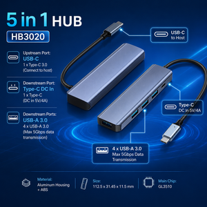 Hub USB-C 5-en-1 en aluminium en gros, puce GL3510, 5 Gbit/s, alimenté, répartiteur USB 3.0 à 4 ports, adaptateur Type-C vers USB-A avec alimentation CC - Product Image 1