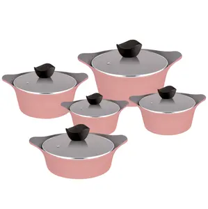 Ensemble d'ustensiles de cuisine à revêtement céramique, casseroles en aluminium moulé, couleur rose avec fond d'induction, 6/10 unités