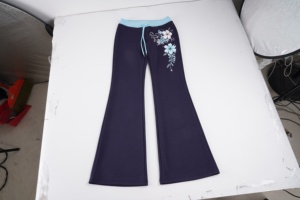 Comfortable <b>Summer</b> Floral Print Embroidery Color Block Drawstring Eco-Friendly Breathable Casual Flare Knit <b>Pants</b> for Women - Product Image 2