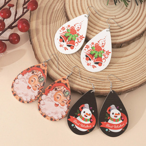 Boucles d'oreilles pendantes en bois de Noël, motif Père Noël et bonhomme de neige, en forme de goutte, ensemble de bijoux cadeau - Product Image 3