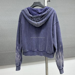 Sweat à capuche à fermeture éclair vintage surdimensionné personnalisé printemps Streetwear sweats à capuche lourds lavage à l'acide coton strass sweat à capuche zippé - Product Image 2