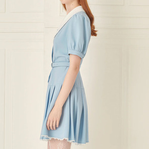 Vestido de Mujer, Corte A, Ajustado, Color Azul Claro, con Mangas Abullonadas, Cuello Peter Pan con Detalles de Encaje y Falda Corta de Estilo Dulce - Product Image 4