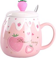 Mug à café en céramique avec couvercle et cuillère, motif fraise mignon, 450 ml, rouge rose, design Kawaii, cadeau original pour les fêtes