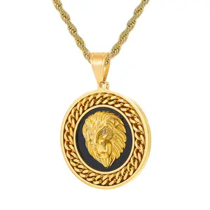 Collier pour homme, bijoux Hip Hop, en acier et titane, plaqué or, avec pendentif en tête de Lion, à la mode