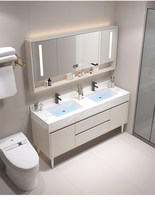 Ensemble de meuble-lavabo de salle de bain autoportant, style crème, en bois massif, avec double vasque intégrée en dalle de pierre multicouche, design minimaliste moderne