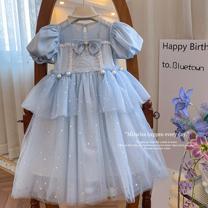 Exquisito Vestido de Princesa para Niñas con Mangas Abullonadas Decoradas con Lazo, Vestido de Tul con Estrellas Brillantes para Fiesta de Cumpleaños, Boda, Ocasión Formal - Product Image 2