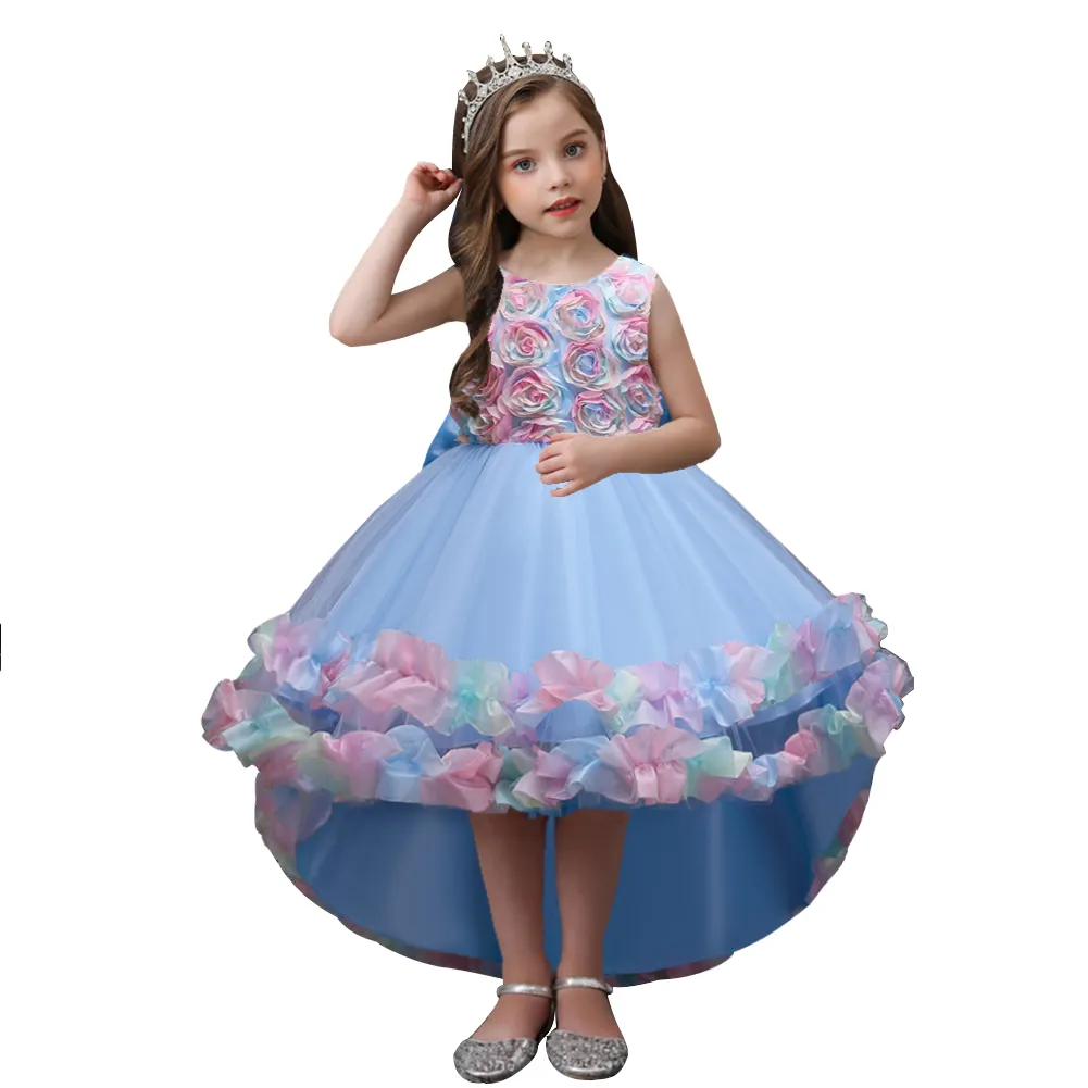 Three dimensional rose pattern children party dress multi-layer big girl dresses for 12Y big bow wedding gown for girls