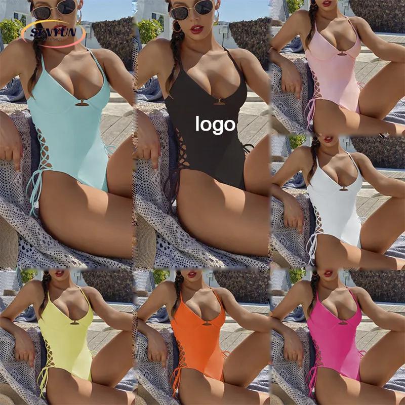 Bikini Vintage genç kızlar oymak Tankini kadınlar Halter özel Logo moda bölünmüş tek parça Set seksi mayo Beachwear