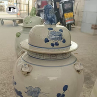Vase de table en céramique bleu et blanc, fait main, peint à la main, design Art Déco antique, avec des oiseaux et des fleurs