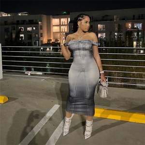 Robes décontractées 2023 Sexy hors épaule <span class=keywords><strong>Orange</strong></span> gris imprimé <span class=keywords><strong>robe</strong></span> <span class=keywords><strong>mi</strong></span>-<span class=keywords><strong>longue</strong></span> Lady Party Body Con Dress - Product Image 1