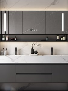 Meuble de salle de bain moderne de luxe léger et simple avec double vasque intégrée en céramique sans joint et miroir intelligent - Product Image 1