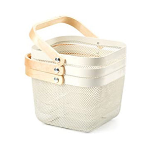 Panier de rangement en maille métallique, multifonctionnel avec poignée en bois, noir, blanc, maille d'acier, panier d'organisation pour la collecte des légumes et des fruits en maille - Product Image 1