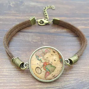 Landy fashion mundo mapa mundi pulseira de couro tecido bracelete mulheres