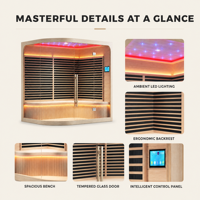 PLOUTARA Sauna infrarouge lointain d'intérieur pour 2-4 personnes, panneaux chauffants 1800W, porte en verre trempé, éclairage LED, OEM pour maison, hôtel, spa