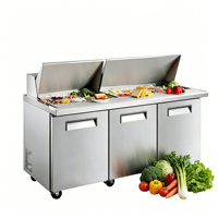 Réfrigérateur sous comptoir 3 portes en acier inoxydable style américain pour bar à salades, contrôle numérique, roues, idéal pour pizzeria et restauration rapide
