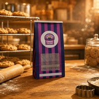 Sac en papier kraft avec fenêtre transparente et lien métallique, personnalisable avec logo, pour emballage de pop-corn, bonbons, biscuits, pain et croissants, résistant à la graisse, idéal pour centres commerciaux
