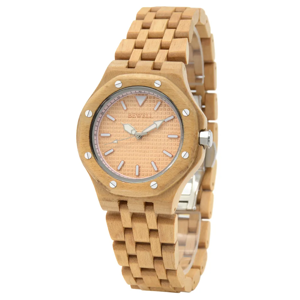 Bewell New Design Luminous Natural Wood With Stainless Steel Pins And Wood Band Men Metal With Wood Watch