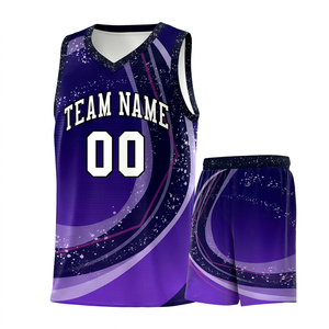 Ensemble de maillots de basket-ball personnalisés en violet, sublimés, col en V, sans manches, unisexe, adulte, tissu respirant, 100% polyester, toutes saisons - Product Image 1