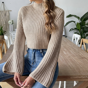 Pull en maille à col roulé pour femme, manches évasées, longueur courte, couleur unie, décontracté, automne, 100% acrylique, manches longues - Product Image 1