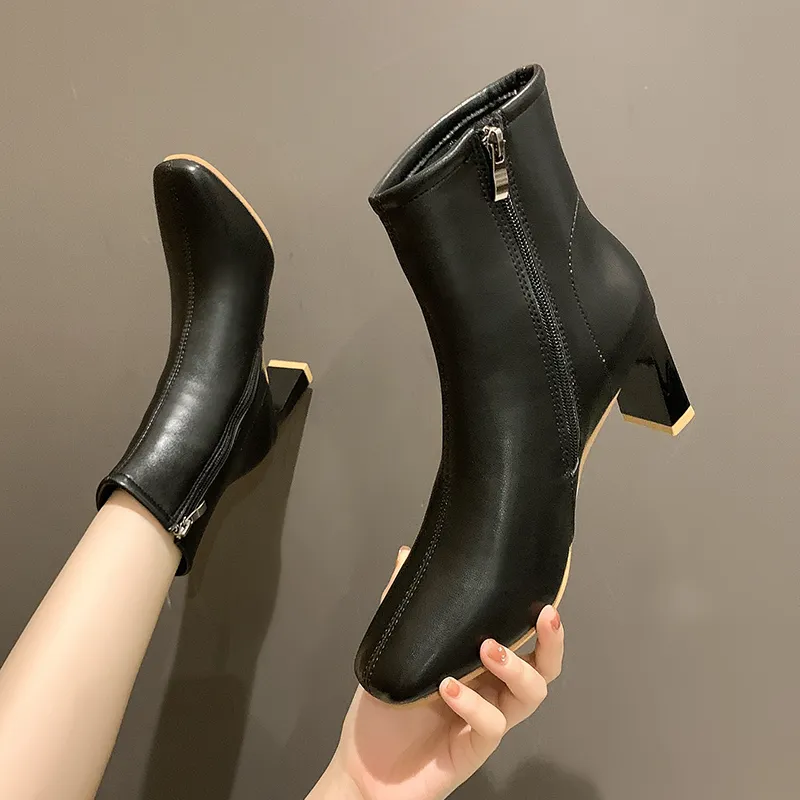 Custom Fashion Front Zipper Thick Heels Square Toe Women High Heel Ankle Boots For Ladies