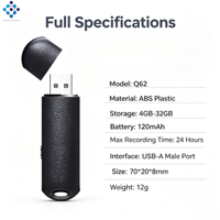 Enregistreur vocal Q62, petit enregistreur sonore, mini enregistreur audio avec indicateur LED, portable pour une utilisation quotidienne de dictée