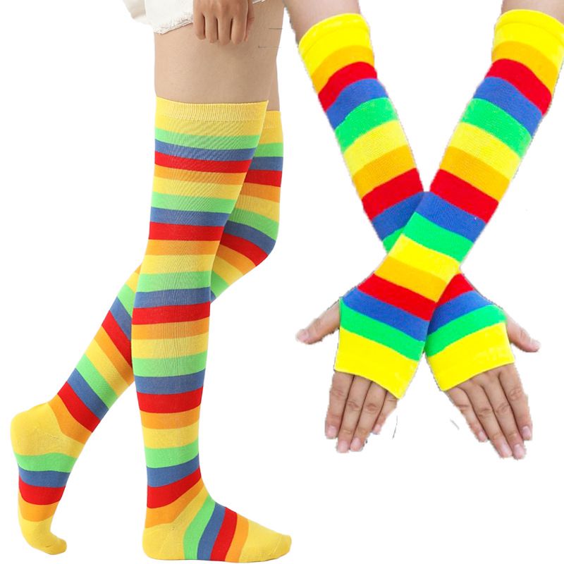 Guanti da donna senza dita al ginocchio a righe arcobaleno Guanti da donna senza dita al ginocchio a righe arcobaleno