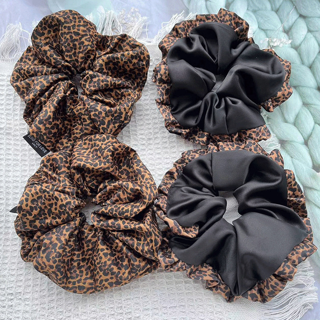 2024 Fall Winter Women Female Accessory Ruffled Elastic Ponytail Hair Band Oversized Brown Leopard Print Fabric Large Scrunchies