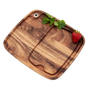 Houten steakplank voor het stijlvol serveren van <span class=keywords><strong>steak</strong></span>, vlees en gevogelte, inclusief sausbakjes en steakmes, ronde schaal van acaciahout - Product Image 1