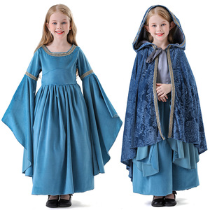 Robe de princesse elfe pour enfants, Costume médiéval, tenue de cosplay pour 8-13 ans, robe bleue avec cape, vêtements de spectacle - Product Image 1