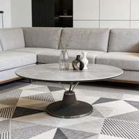 Table basse ronde en pierre gris béton style industriel rustique avec base en piédestal noir, fabricant de meubles