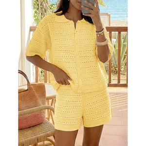 Ensemble crocheté 2 pièces pour femmes, cardigan en tricot, shorts, col Peter Pan, tenue décontractée de plage, respirant, vêtements de vacances - Product Image 2