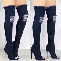 Bottes à talons hauts au-dessus du genou en jean bleu, personnalisables, à bout ouvert, style mode, support OEM/ODM