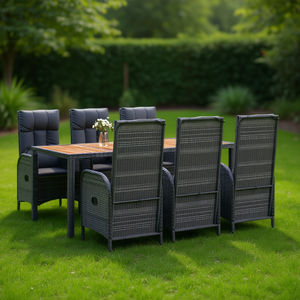 ชุดโต๊ะรับประทานอาหารในสวน 6 ที่นั่ง โครงหวาย โต๊ะไม้ เฟอร์นิเจอร์กลางแจ้ง ทนทานต่อสภาพอากาศ ดีไซน์ร่วมสมัย - Product Image 2