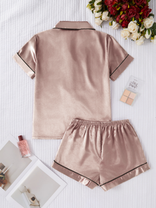 <span class=keywords><strong>Pigiama</strong></span> Corto Marrone Chiaro all'Ingrosso, Semplice Tinta Unita con Colletto, <span class=keywords><strong>Pigiama</strong></span> da <span class=keywords><strong>Donna</strong></span> con Elastico in Vita e Decorazione a Fiocco - Product Image 3