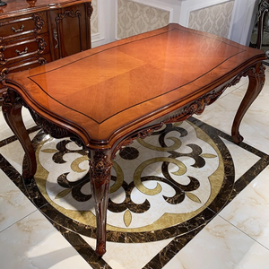 Ensemble de table à manger en bois de style français traditionnel, 6 chaises rembourrées en cuir, design sculpté antique, pour la maison, l'hôtel, la salle à manger - Product Image 4