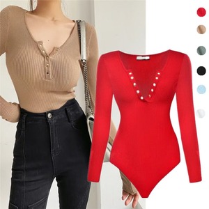 Combinaison moulante à manches longues en tricot pour <span class=keywords><strong>femme</strong></span>, combinaison sexy pour <span class=keywords><strong>femme</strong></span>, design de combinaison moulante, couleur unie, chemise de base élastique amincissante - Product Image 2