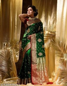 Sari en soie Banarasi avec broderie Zari dorée, élégant sari indien pour occasions spéciales et mariages, en vente directe d'usine - Product Image 5
