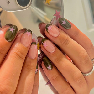 Esmalte de <span class=keywords><strong>uñas</strong></span> francés de gama alta simple Sweet Pink Star <span class=keywords><strong>diseño</strong></span> ovalado corto 24 piezas desmontable usable <span class=keywords><strong>para</strong></span> dedos - Product Image 6